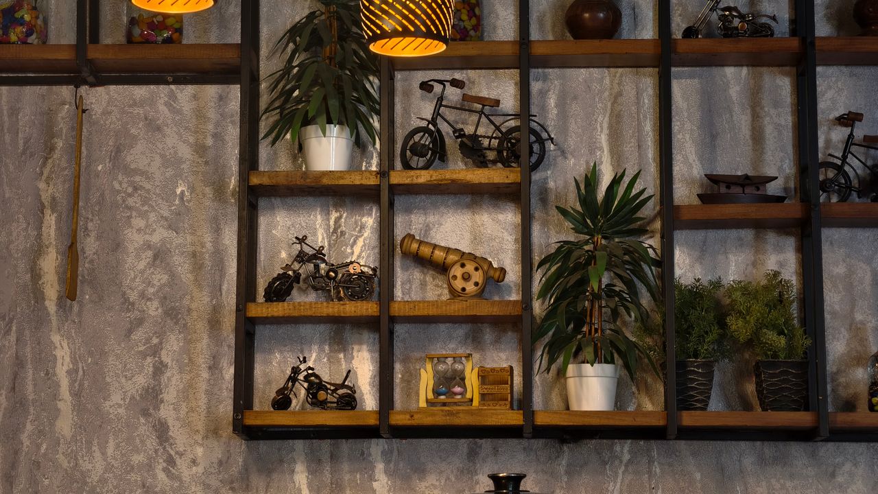about-img Rustic indoor display with wooden shelves, plants, and vintage decor in Varkala, India.